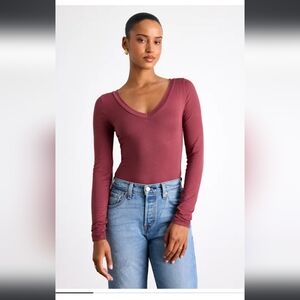 Lulu's V-Neck Long Sleeve Bodysuit in Wine